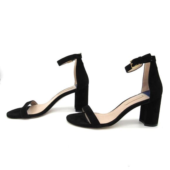 Stuart Weitzman Black Suede Leather Block-heel Ankle Strap Sandal Heels SZ 8 - Picture 1 of 8